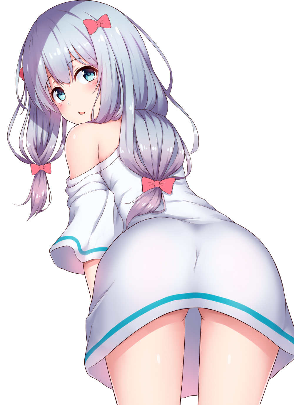 1girl, ass, bangs, bare_shoulders, blue_eyes, blush, bow, cowboy_shot