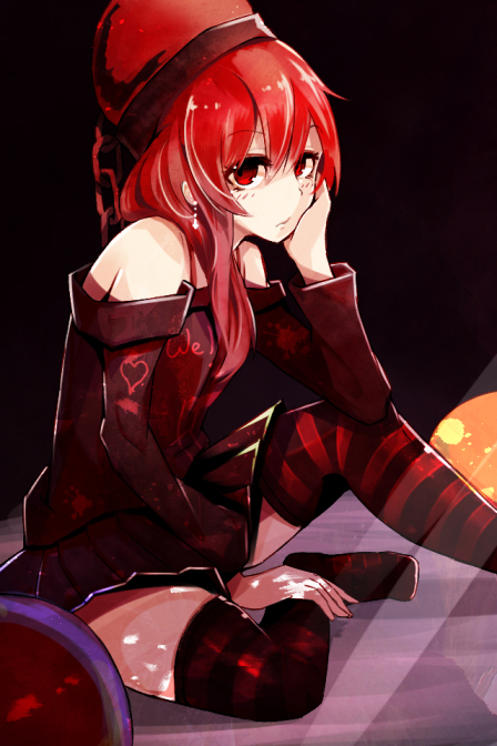 1girl, adapted_costume, asymmetrical_hair, black_shirt, black_skirt, blush, chin_rest, clothes_writing