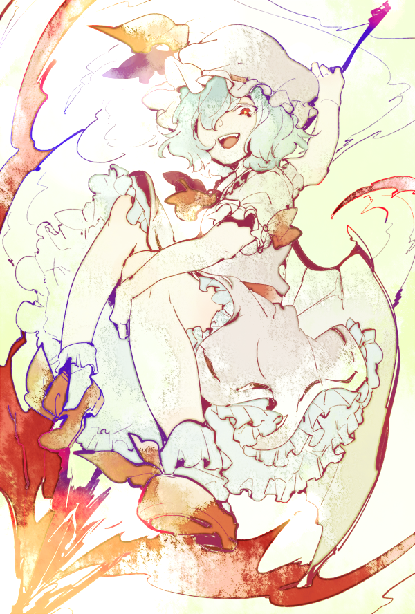 1girl, ascot, bat_wings, blue_hair, bobby_socks, brooch, dress, fangs