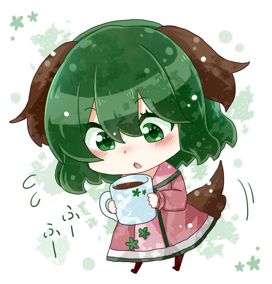 animal_ears, blowing, chibi, cup, dog_ears, dog_tail, dress, green_eyes