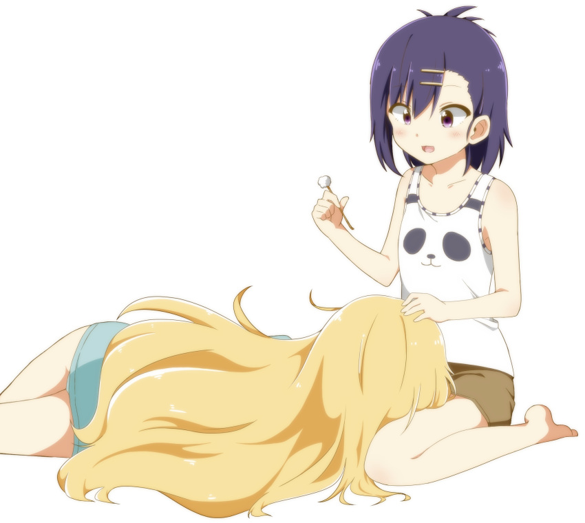 2girls, :3, :d, asymmetrical_bangs, bangs, barefoot, blonde_hair, blush