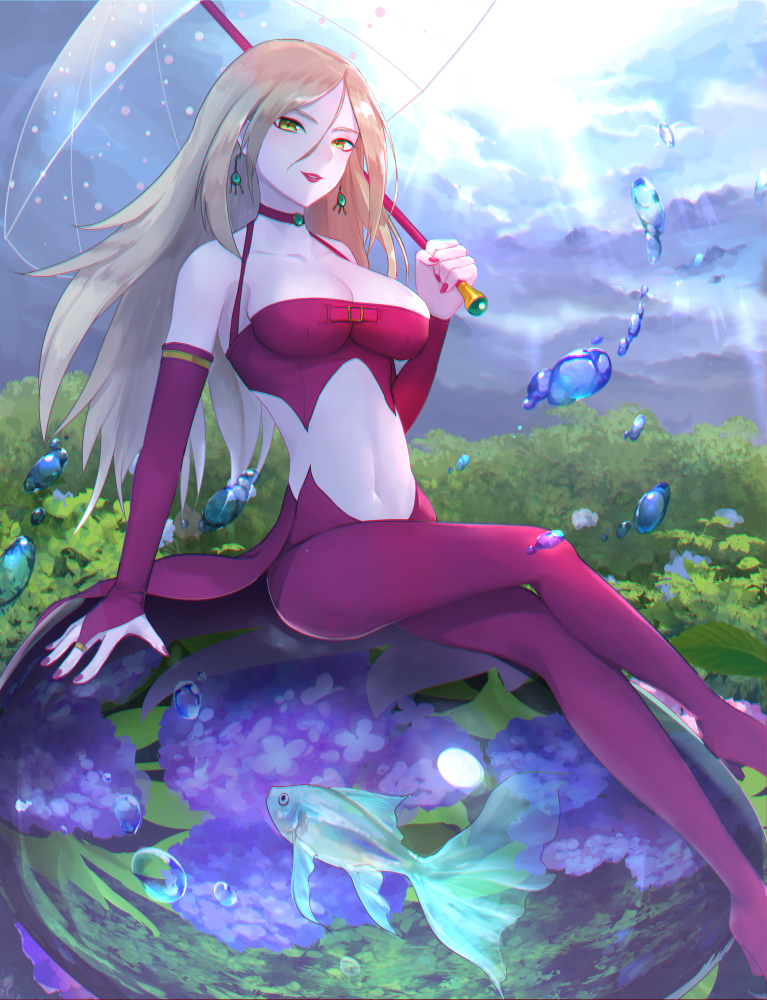 1girl, arm_support, bare_shoulders, breasts, bridal_gauntlets, choker, cleavage, clouds