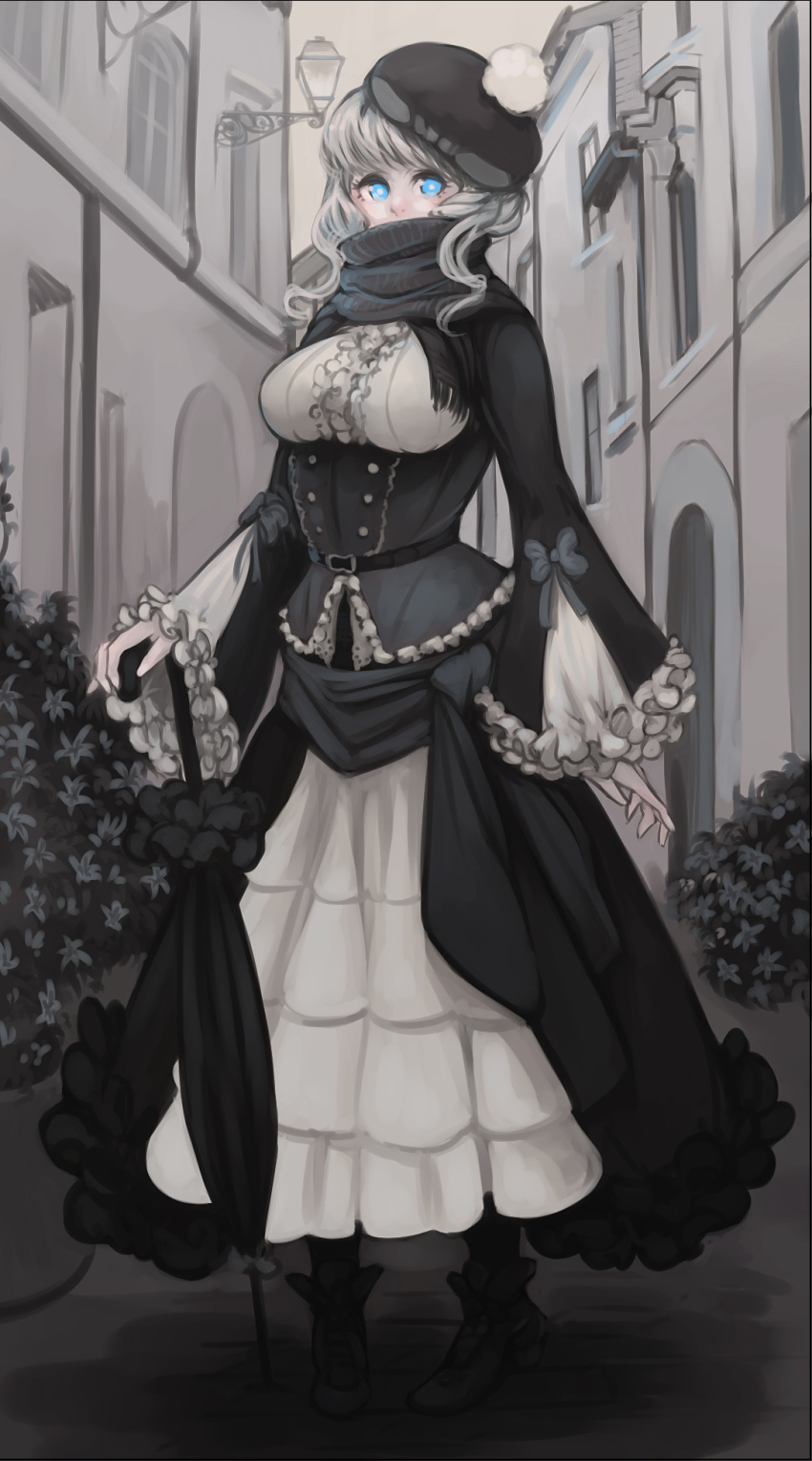 alternate_costume, black_umbrella, blue_eyes, breasts, bush, demstouts, full_body, gothic_lolita