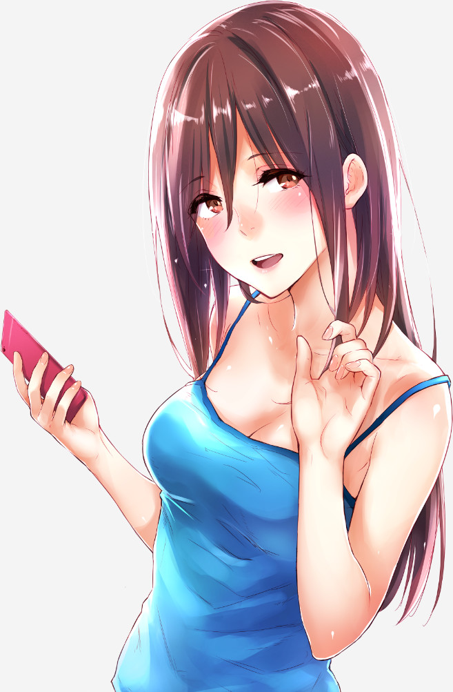 1girl, blush, breasts, brown_eyes, brown_hair, camisole, cellphone, cleavage