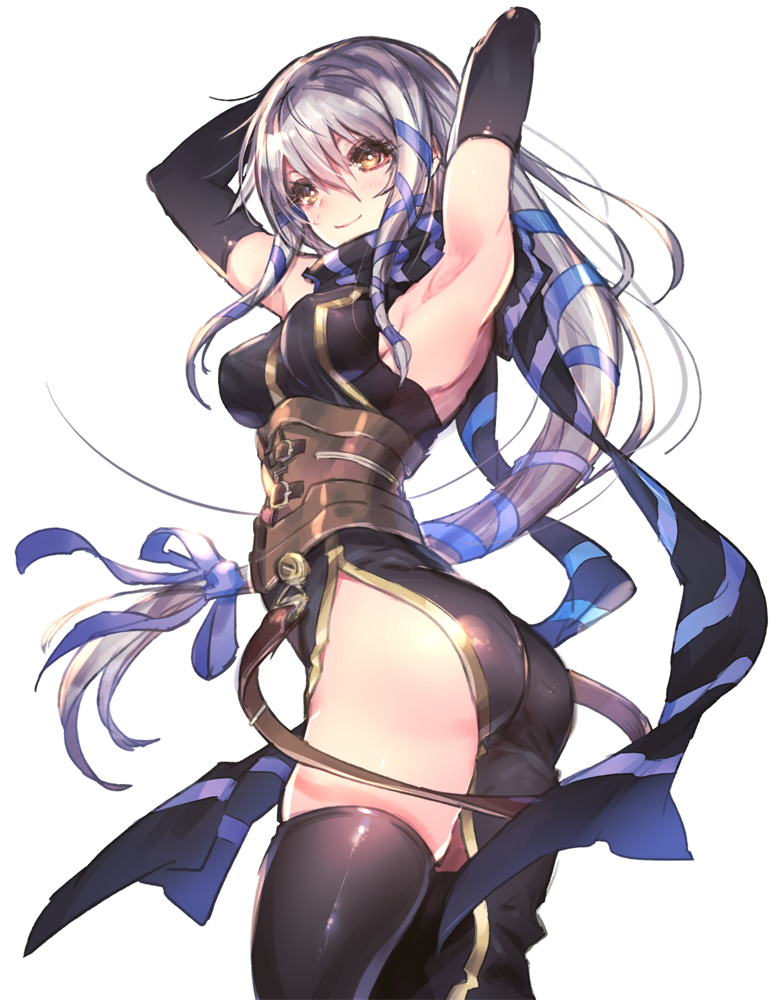 1girl, arm_up, armpits, ass, belt, black_gloves, breasts, clair_lasbard