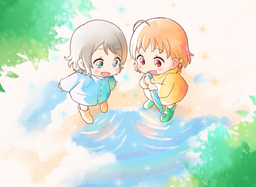 2girls, :d, after_rain, ahoge, bangs, blue_eyes, blush, boots