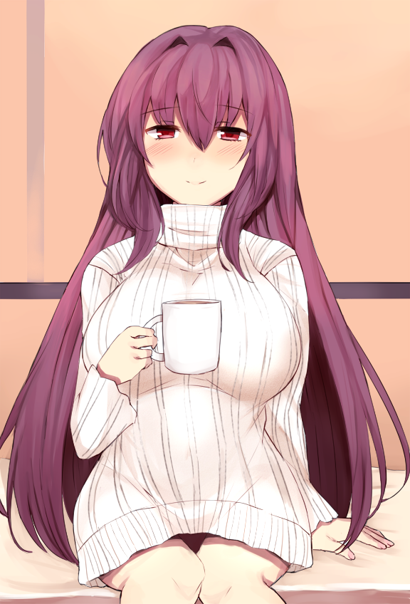 1girl, bare_legs, blush, breasts, cup, fate/grand_order, fate_(series), hair_between_eyes