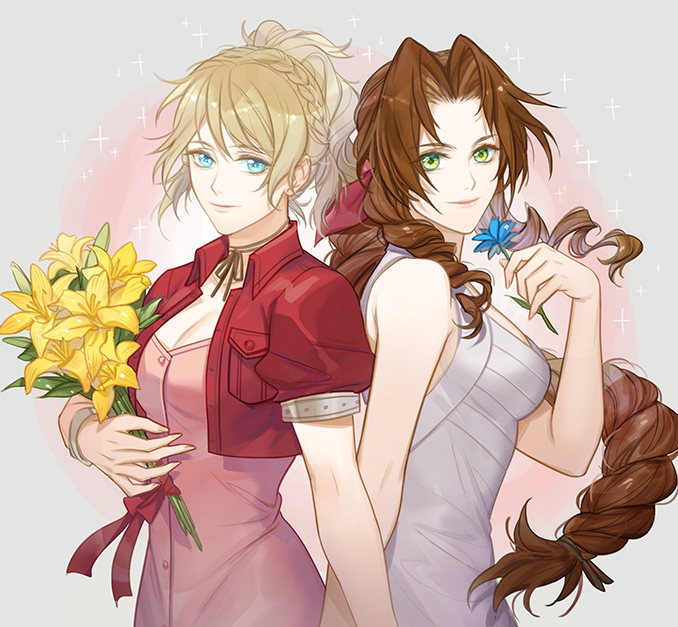 2girls, aerith_gainsborough, aerith_gainsborough_(cosplay), back-to-back, blonde_hair, blue_eyes, bouquet, braid