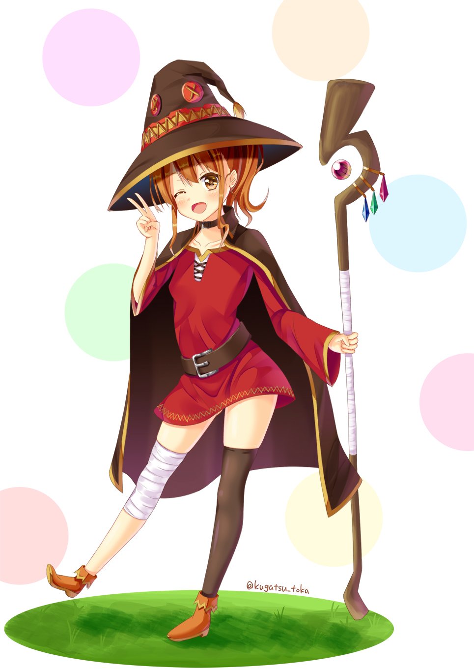 1girl, ;d, bandaged_leg, belt, brown_eyes, brown_hair, cape, collar
