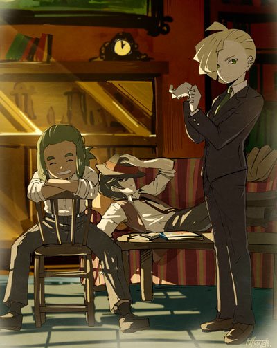 3boys, adjusting_clothes, adjusting_gloves, alternate_costume, black_hair, blonde_hair, bookshelf, chair, closed_eyes, crossed_arms, dark_skin, dark_skinned_male, gladio_(pokemon), gloves, green_hair, grin, hair_down, hair_over_one_eye, hat_over_one_eye, hau_(pokemon), looking_at_viewer, male_focus, male_protagonist_(pokemon_sm), multiple_boys, natsuno_hamuto, pokemon, pokemon_(game), pokemon_sm, sidelocks, sitting, sitting_backwards, sleeves_rolled_up, smile, suspenders, vest, white_gloves
