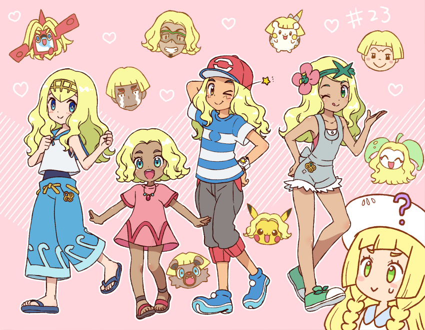 4boys, 4girls, ?, baggy_pants, baseball_cap, blonde_hair, blue_eyes, blue_pants