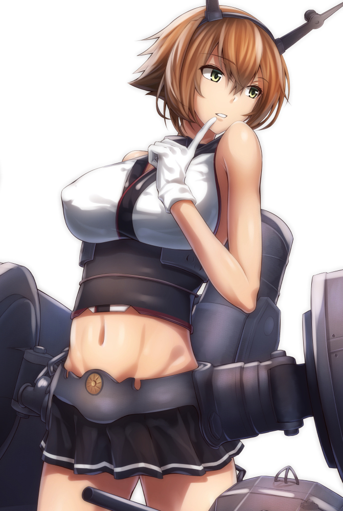 1girl, arm_behind_back, black_skirt, breasts, brown_hair, cowboy_shot, erect_nipples, eyebrows_visible_through_hair