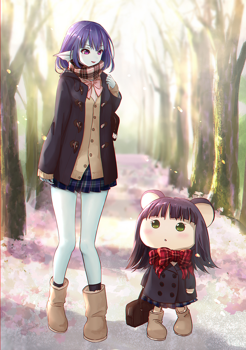 2girls, :o, animal_ears, bag, blue_skin, blush, boots, bow