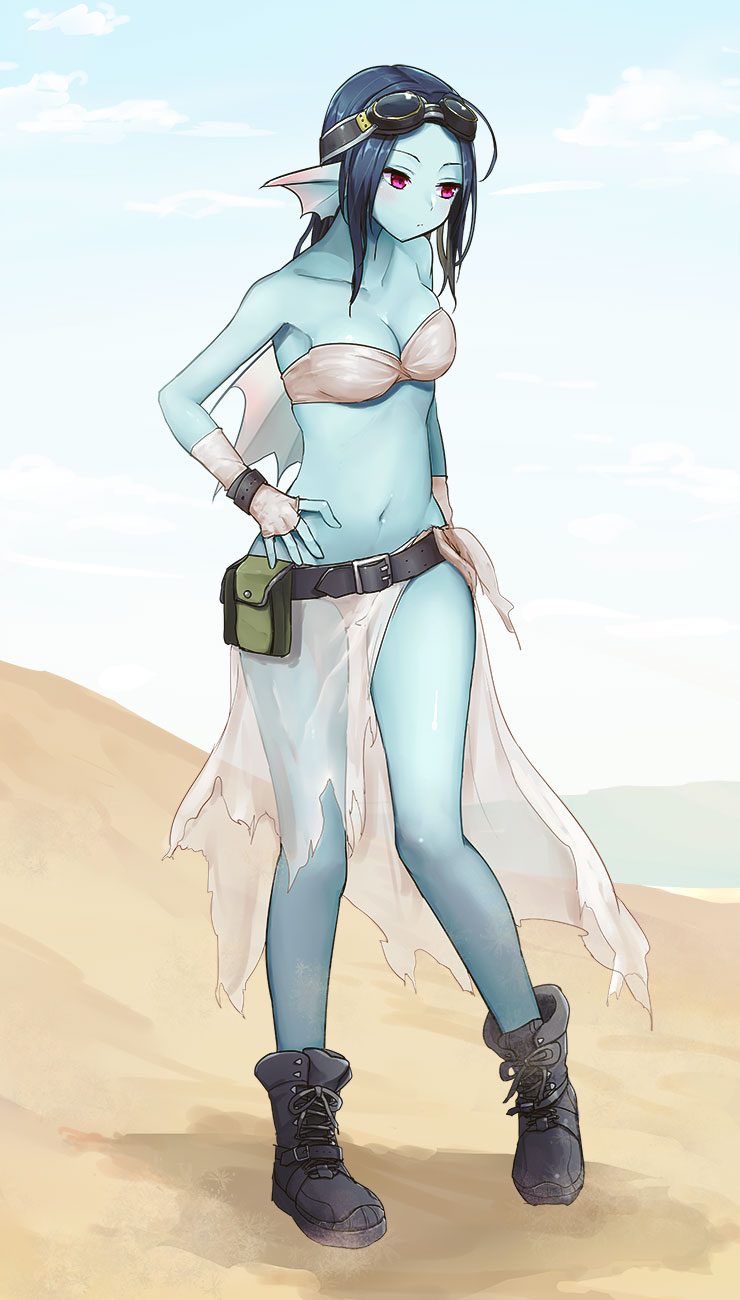 1girl, bandeau, belt, bikini, blue_hair, blue_skin, boots, breasts