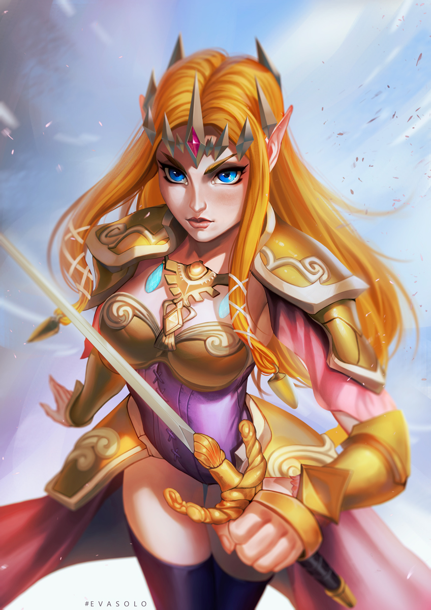 1girl, armor, blonde_hair, blue_eyes, bracer, breasts, cleavage, eva_solo