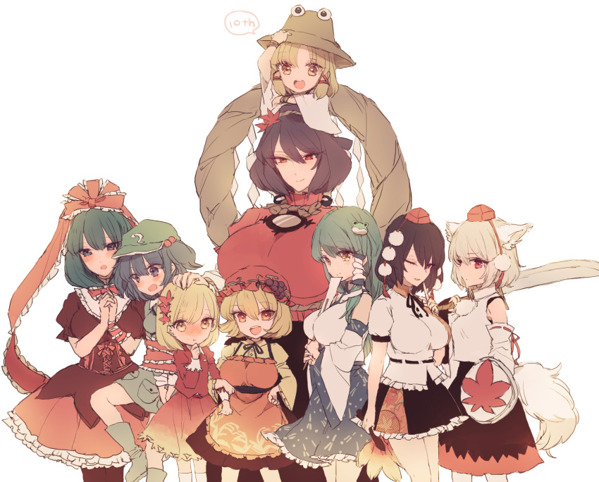 6+girls, aki_minoriko, aki_shizuha, animal_ears, black_hair, blonde_hair, blue_eyes, blue_hair