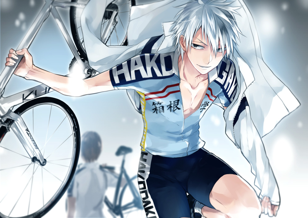 2boys, arakita_yasutomo, bicycle, bike_shorts, black_hair, chest, collarbone, cyclist, fingerless_gloves, gloves, grey_eyes, ground_vehicle, kuroda_yukinari, looking_at_viewer, maka_(morphine), male_focus, multiple_boys, pale_skin, short_hair, shorts, smirk, sportswear, white_hair, yowamushi_pedal