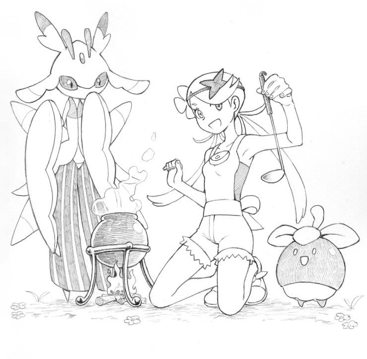 1girl, :d, bangs, bonfire, bounsweet, breasts, fire, flower