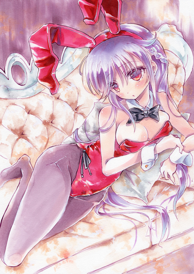 1girl, animal_ears, bare_shoulders, black_bow, black_bowtie, blush, bow, bowtie