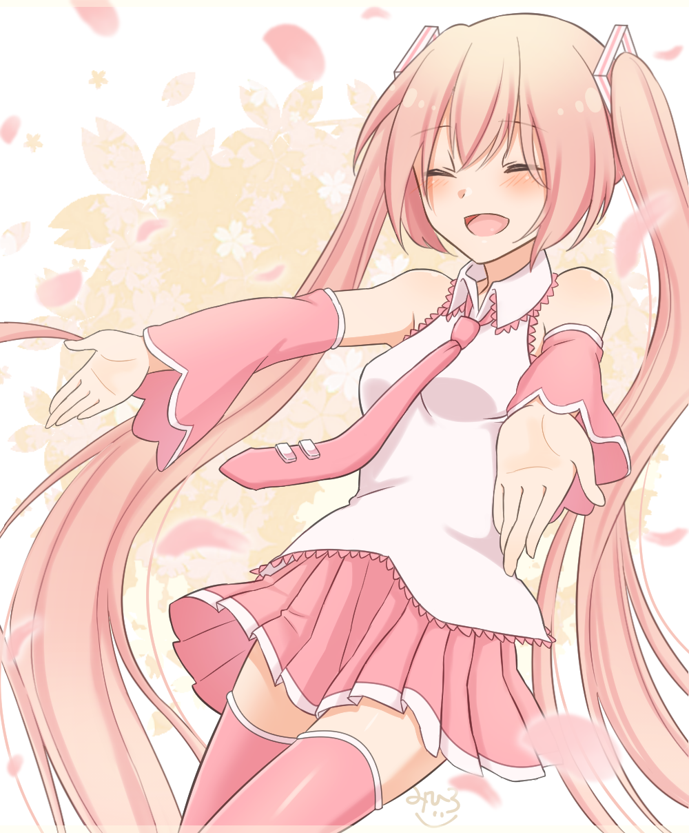 1girl, artist_name, closed_eyes, detached_sleeves, hatsune_miku, highres, long_hair, mihiro_momonoki, necktie, outstretched_arms, petals, pink_hair, sakura_miku, skirt, solo, thigh-highs, twintails, very_long_hair, vocaloid