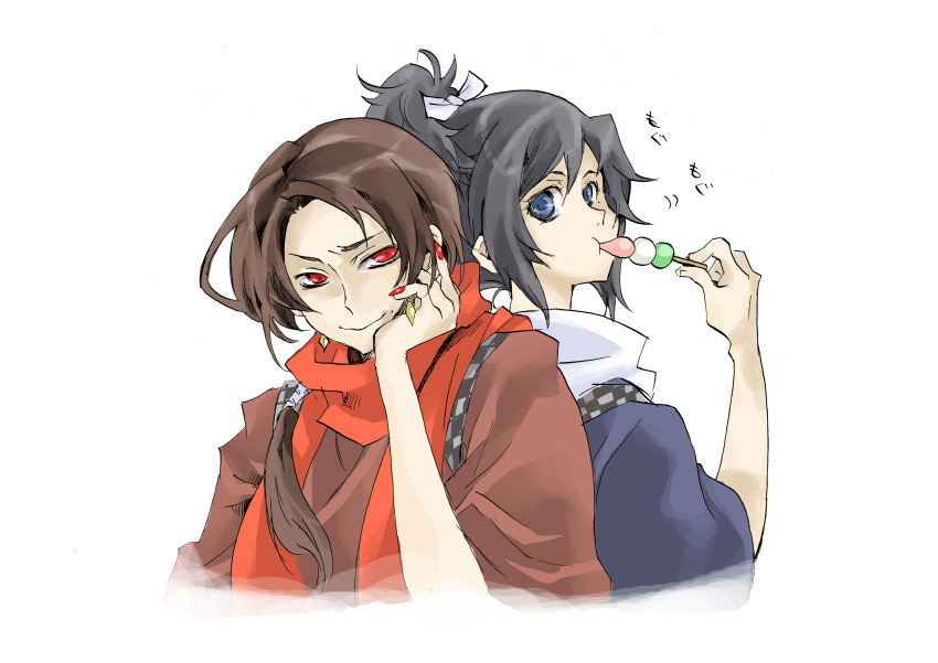 2boys, absurdres, back-to-back, black_hair, blue_eyes, brown_hair, dango, earrings, eating, food, highres, japanese_clothes, jewelry, kashuu_kiyomitsu, male_focus, mole, mole_under_eye, mole_under_mouth, multiple_boys, nail_polish, ponytail, red_eyes, red_nails, sanshoku_dango, scarf, smile, touken_ranbu, wagashi, yamato-no-kami_yasusada, yoko_(inuchan)
