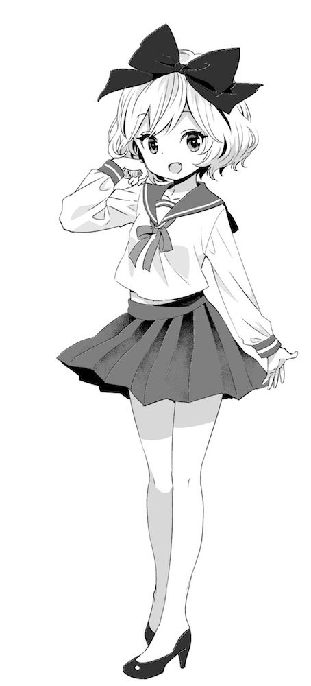 1girl, :d, ama-tou, arm_at_side, bare_legs, bow, collar, collarbone, collared_shirt, dot_nose, erie, eyebrows_visible_through_hair, eyelashes, fang, full_body, greyscale, hair_bow, hair_ornament, hand_in_hair, hand_up, high_heels, long_sleeves, looking_at_viewer, midriff_peek, monochrome, navel, neck_ribbon, open_hand, open_mouth, pleated_skirt, pumps, ribbon, sailor_collar, school_uniform, shirt, short_hair, simple_background, skirt, sleeve_cuffs, smile, solo, standing, tonari_no_kyuuketsuki-san, tsurime, wavy_hair, white_background