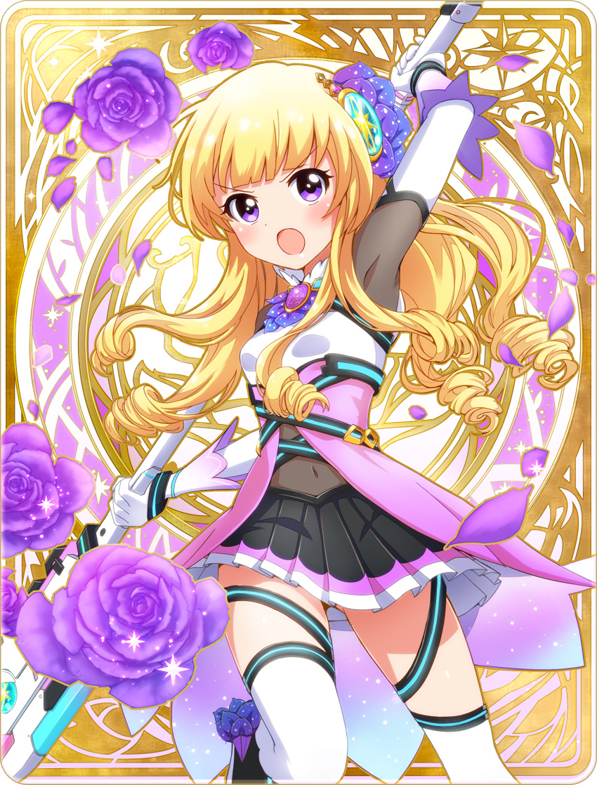 arm_up, battle_girl_high_school, blonde_hair, breasts, curly_hair, flower, gloves, hair_ornament