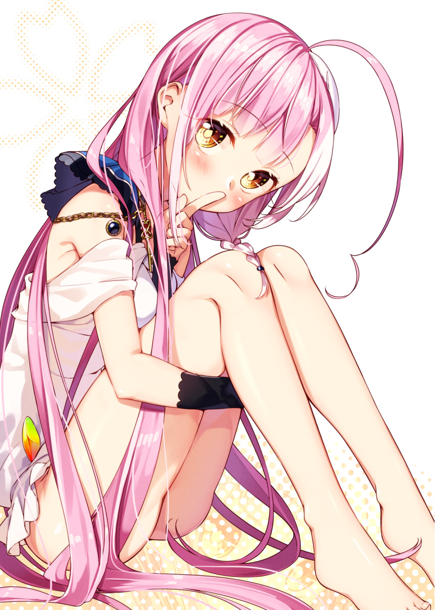 1girl, ahoge, bangs, bare_legs, barefoot, blush, cherry_blossoms, commentary_request
