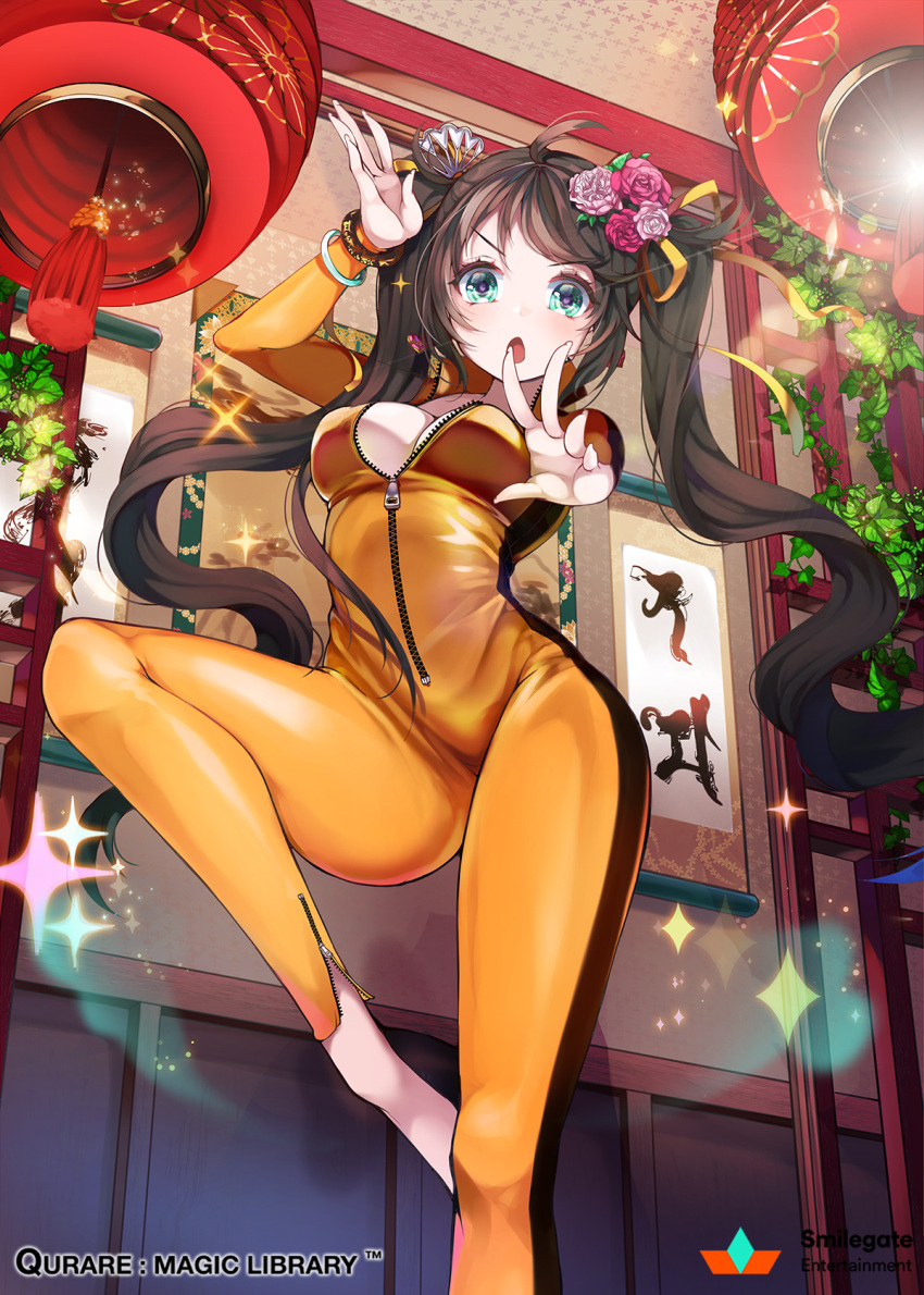 1girl, ahoge, bangs, bodysuit, bracelet, breast_press, breasts, brown_hair