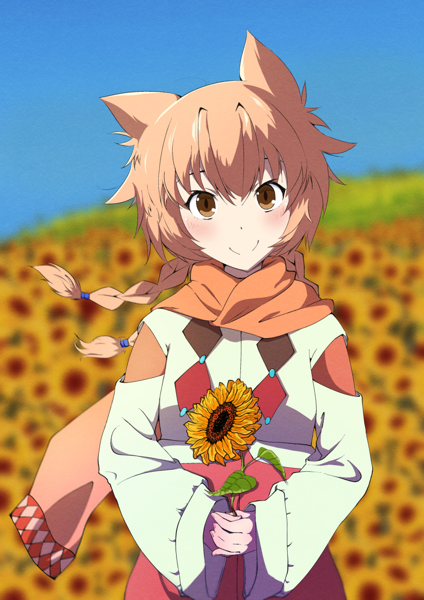 1girl, blurry, blush, braid, brown_eyes, depth_of_field, field, fingernails, flower, highres, holding, holding_flower, ithea_myse_valgulious, karamell, light_brown_hair, long_hair, looking_at_viewer, multiple_braids, pointy_hair, scarf, shuumatsu_nani_shitemasu_ka?, smile, solo, sunflower, tri_braids, upper_body, wide_sleeves