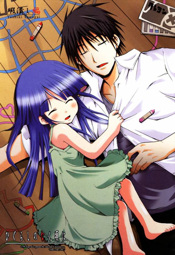 arm_pillow, barefoot, black_hair, blue_hair, closed_eyes, crayon, crayons, dress