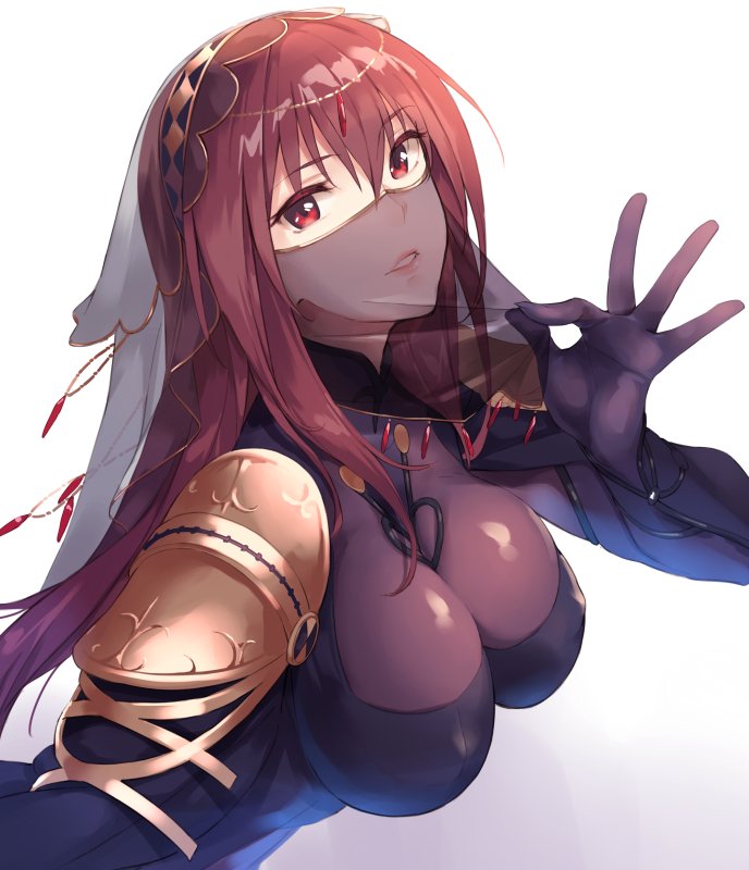 1girl, armor, bodysuit, breasts, covered_navel, fate/grand_order, fate_(series), impossible_clothes, large_breasts, lips, long_hair, looking_at_viewer, parted_lips, pauldrons, purple_bodysuit, purple_hair, red_eyes, scathach_(fate/grand_order), shiny, shiny_clothes, shoulder_armor, upper_body, veil, very_long_hair, yomo_(majidon)