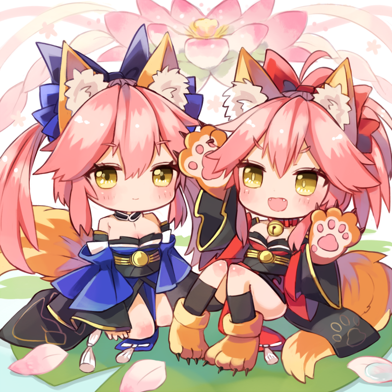 00tuma00, 2girls, animal_ears, bell, bell_collar, blue_legwear, blush, bow