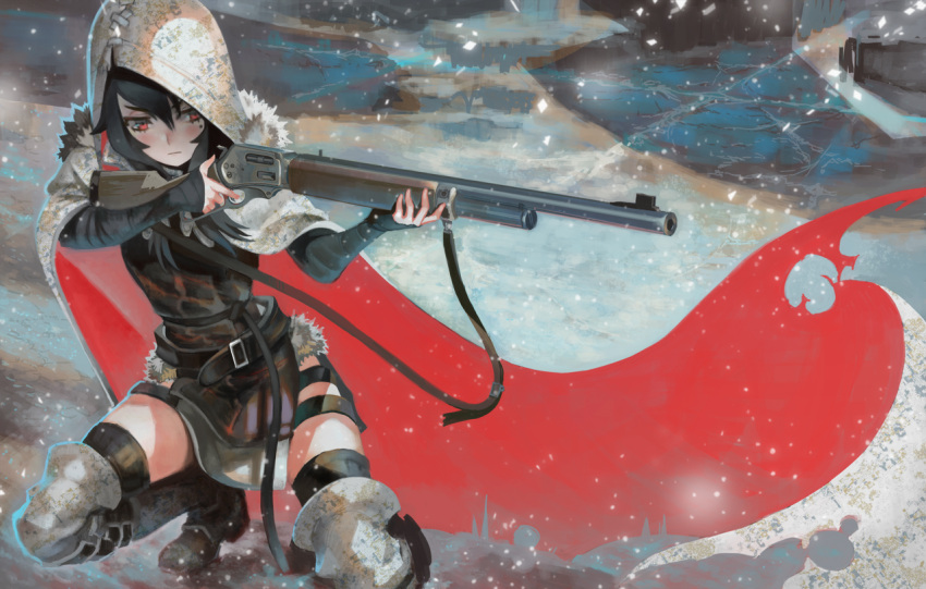 1girl, aiming, belt, black_hair, blush, boots, cloak, closed_mouth