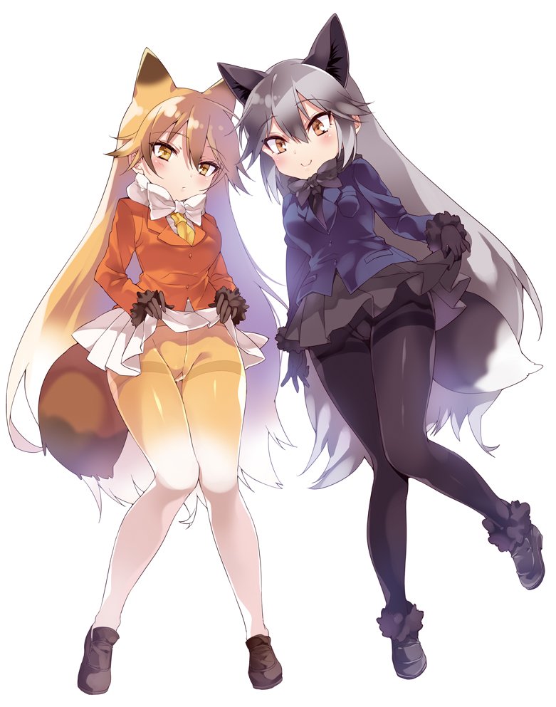 2girls, anapom, animal_ears, black_gloves, blonde_hair, blush, bow, bowtie