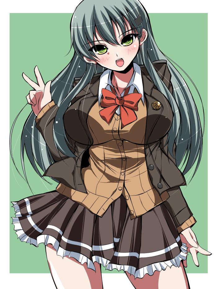 1girl, aqua_eyes, aqua_hair, ascot, blazer, green_eyes, green_hair, hair_ornament