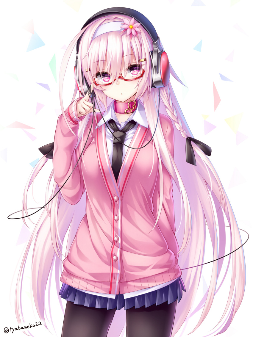 1girl, arm_behind_back, armonica_refula, bangs, black_legwear, black_necktie, black_ribbon, braid