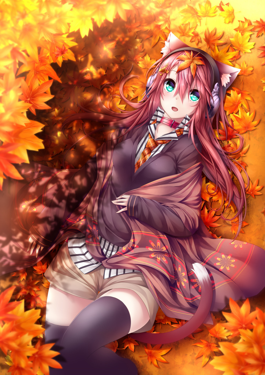 1girl, :d, absurdres, animal_ears, autumn, autumn_leaves, black_legwear, black_sweater