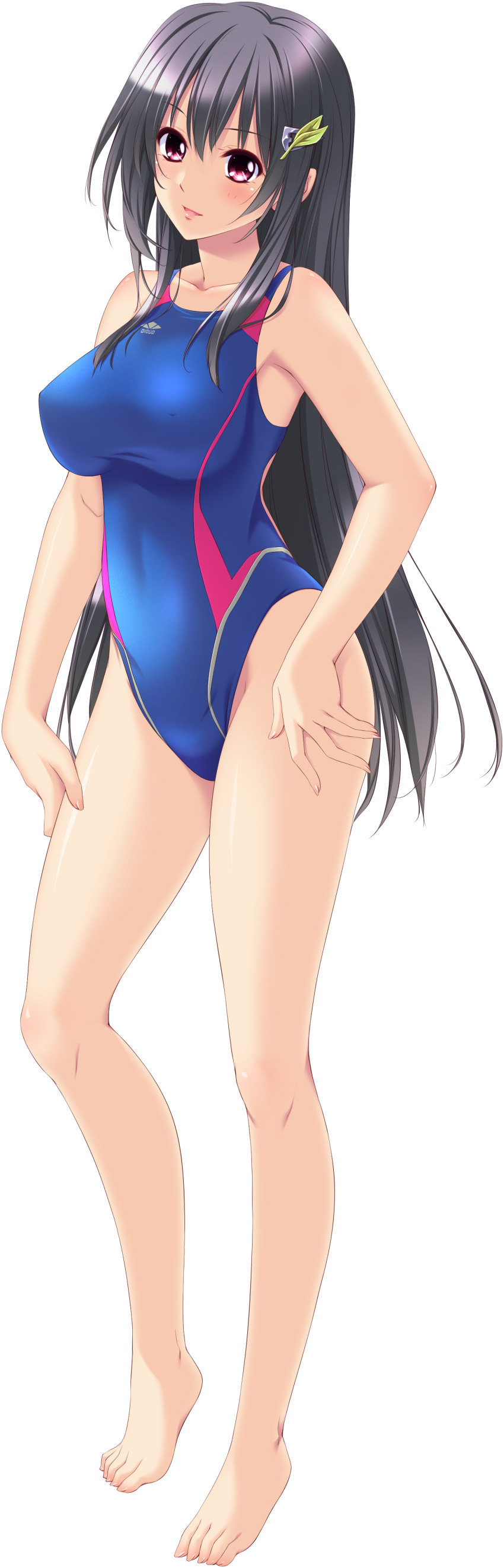 1girl, absurdres, barefoot, black_hair, blush, breasts, competition_swimsuit, erect_nipples