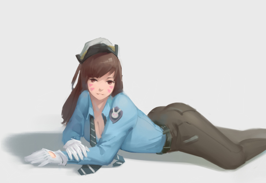 132_(353488448), 1girl, absurdres, alternate_costume, animal_print, bangs, belt, belt_buckle, black_pants, blue_shirt, breasts, brown_eyes, brown_hair, buckle, bunny_print, cleavage, collared_shirt, d.va_(overwatch), facepaint, facial_mark, gloves, hat, highres, light_smile, long_hair, long_sleeves, looking_at_viewer, lying, medium_breasts, necktie, officer_d.va, on_stomach, overwatch, pants, parted_lips, shirt, simple_background, sketch, smile, solo, tight, tight_pants, uniform, untied, whisker_markings, white_background, white_gloves