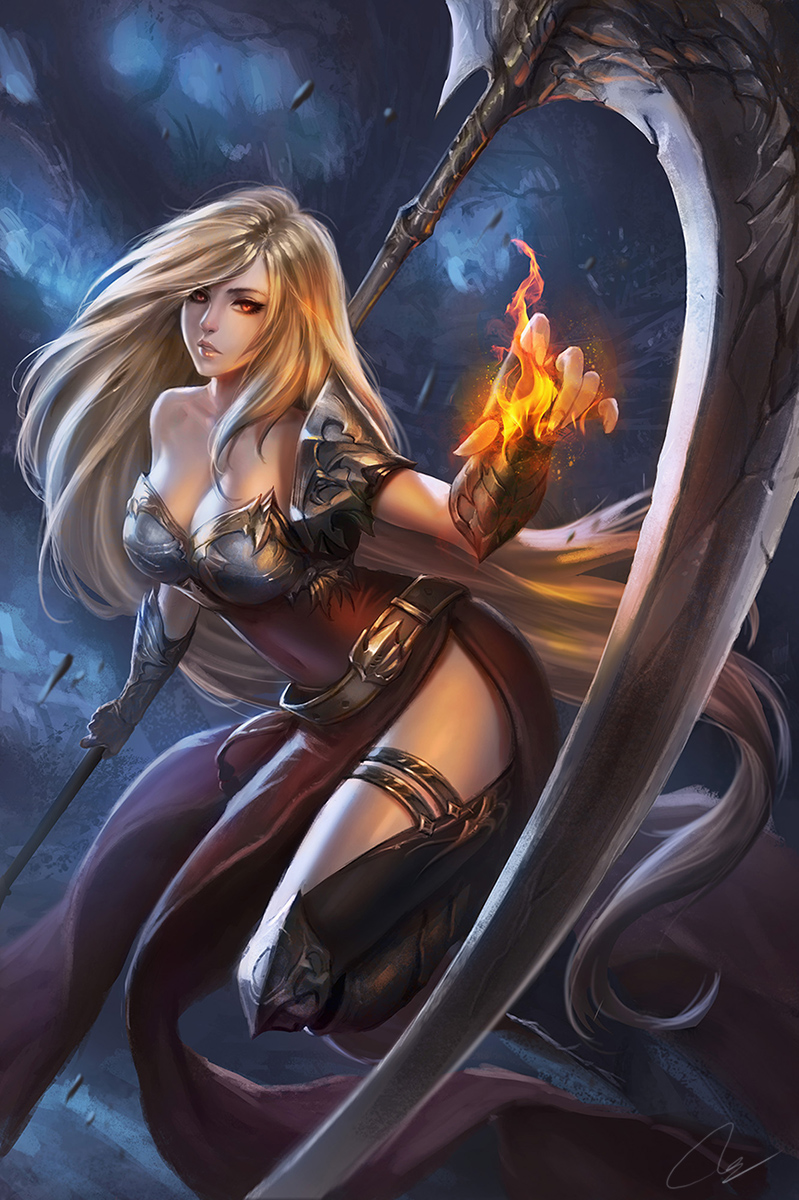 1girl, armor, artist_name, bikini_armor, blonde_hair, blurry, blurry_background, breasts, cleavage, collarbone, commentary, covered_navel, fingerless_gloves, fire, foreshortening, gauntlets, gloves, greaves, highres, holding, holding_weapon, large_breasts, lips, long_hair, looking_at_viewer, magic, moonlight, nguyen_uy_vu, night, nose, original, parted_lips, realistic, red_eyes, scythe, signature, single_pauldron, solo, thigh_strap, tree, very_long_hair, weapon