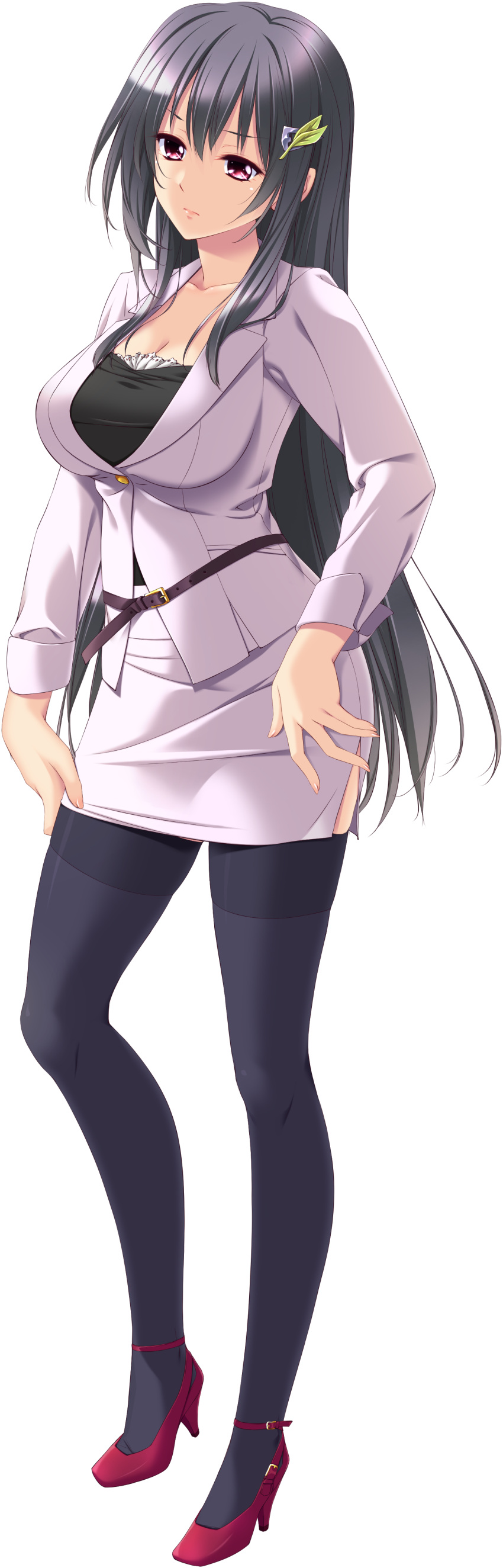 1girl, absurdres, black_hair, black_legwear, blazer, breasts, full_body, hair_ornament