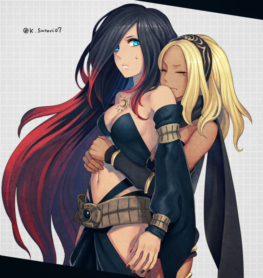 2girls, bangs, black_hair, blonde_hair, blue_eyes, blue_sky, breast_tattoo, breasts
