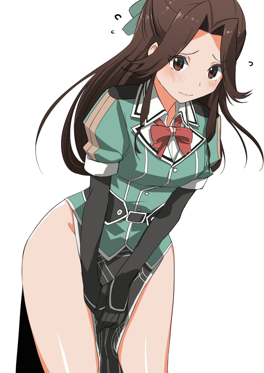 1girl, bangs, black_gloves, black_skirt, breasts, brown_eyes, brown_hair, chikuma_(kantai_collection)