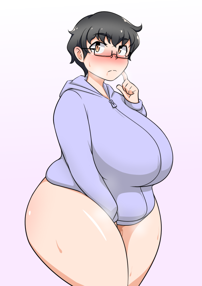1girl, between_legs, between_thighs, big_belly, black_hair, blush, body_blush, breasts, brown_eyes, covering, covering_crotch, fat, glasses, hand_between_legs, hood, hoodie, huge_breasts, magure_senshi, messy_hair, naked_hoodie, nose_blush, original, plump, semi-rimless_glasses, short_hair, solo, steam, sweat, sweater, thick_eyebrows, thick_thighs, thighs, very_short_hair, wide_hips, wide_sleeves, zipper