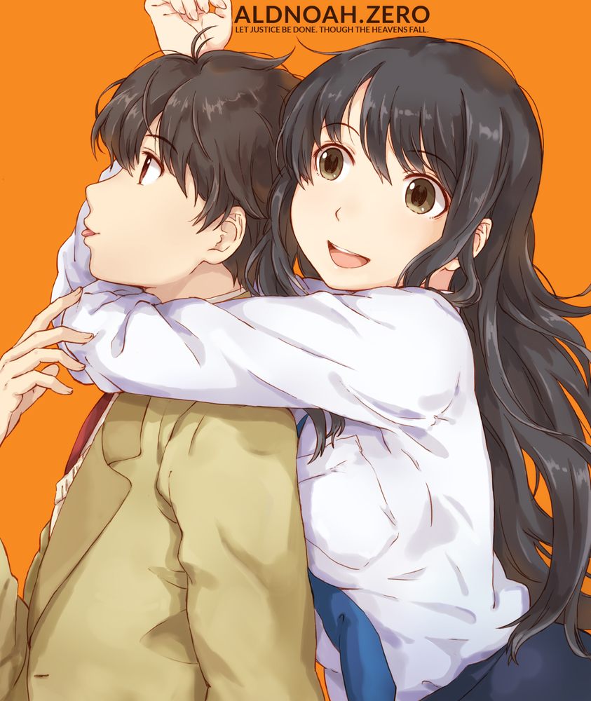 1boy, 1girl, :d, aldnoah.zero, black_hair, blazer, blue_necktie, breast_press