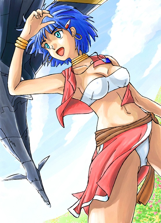 bare_shoulders, blue_eyes, blue_hair, bracelet, cloud, clouds, dark_skin, dutch_angle