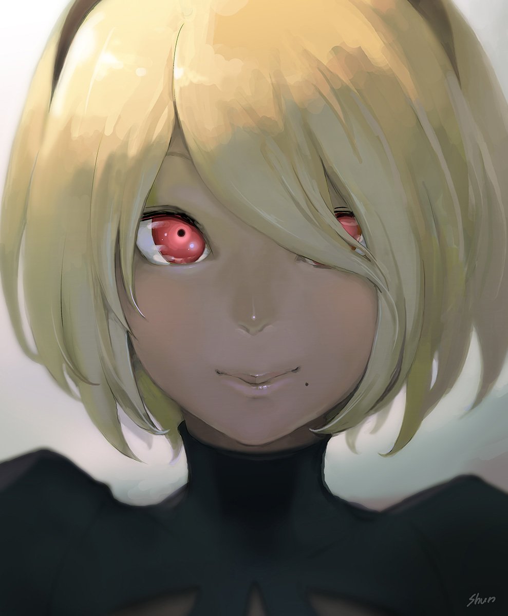 1girl, bangs, black_dress, black_hairband, blonde_hair, close-up, cosplay, dark_skin