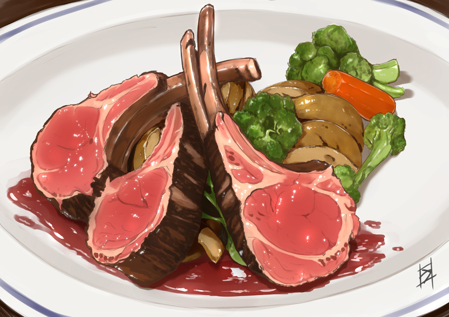 broccoli, carrot, food, lamb_chops, no_humans, original, plate, potato, sauce, signature, umitsuki_yu