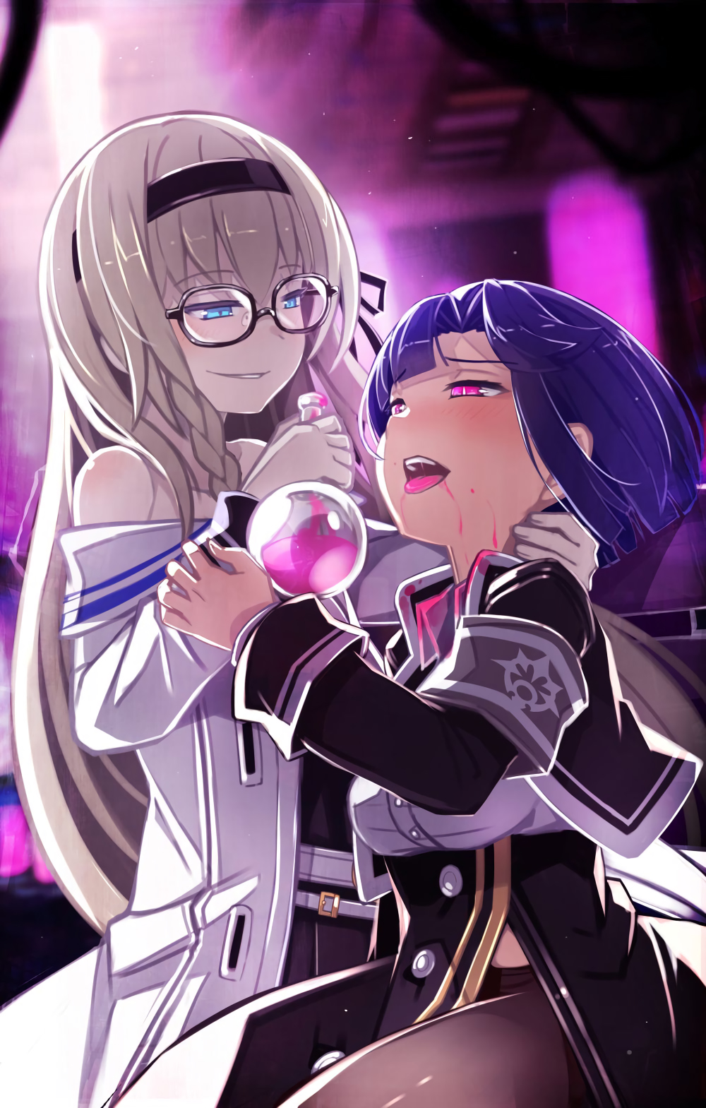 2girls, black-framed_eyewear, blonde_hair, blue_eyes, braid, flask, front_braid, gretel_(mary_skelter)